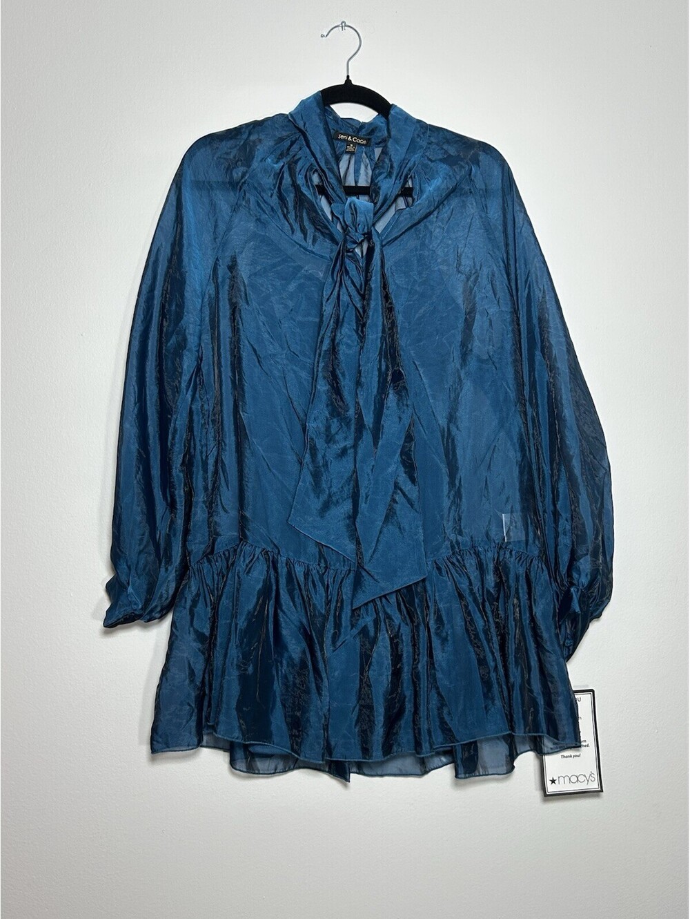 Seni & Cade Sheer Teal Tie-Neck Ruffle Dress size S NWT